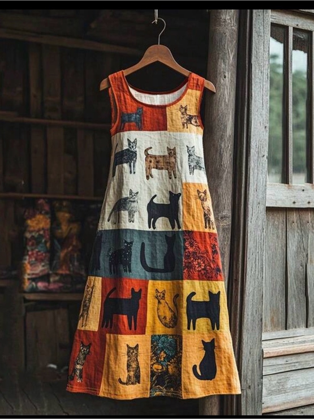 Sleeveless Cat-Print Midi Dress in Orange, Red & Blue